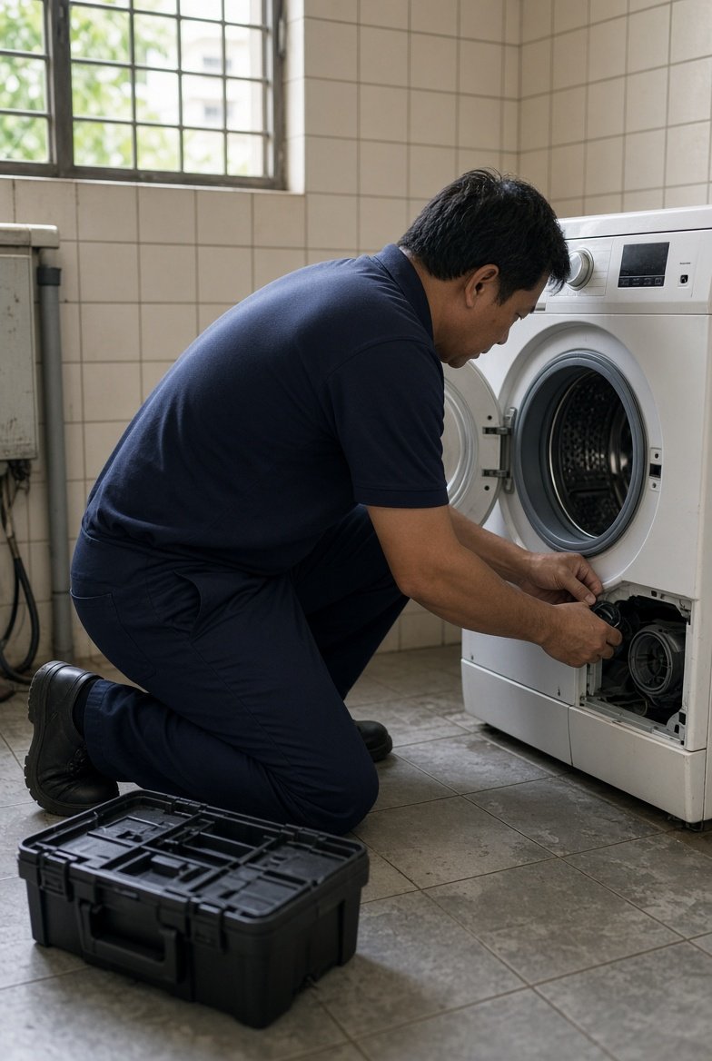 Technician repairing a washing machine in a Singapore home